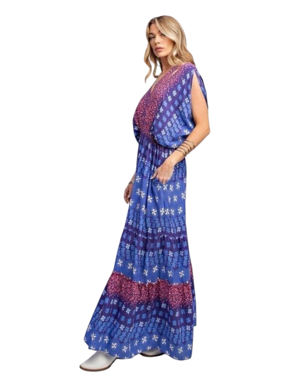 Easel Blue & Pink Bohemian Floral Patchwork Cinch Waist Maxi Dress Size Medium